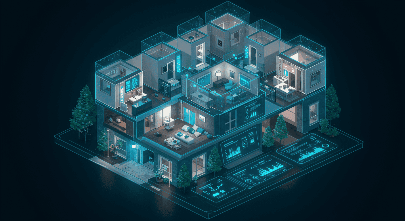 Dashboard de edificio mostrando consumo por departamento y finanzas en tiempo real